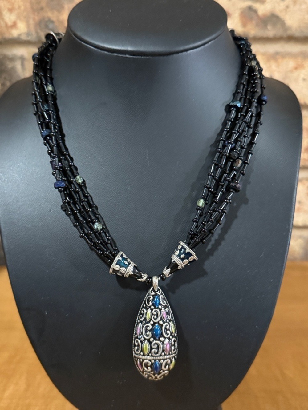 Chico’s Vintage Necklace Enamel Black Glass Beads Tier drop Pendant
